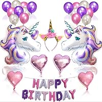 Unicorn Party Supplies -Birthday Decorations,Birthday Party Favors for Kids,Rainbow Birthday Banner,Glitter Unicorn Headband,Foil Heart Birthday Balloons