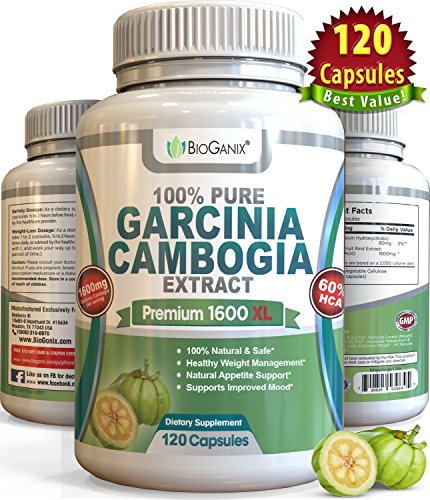 BioGanix 100% Pure Garcinia Cambogia Extract Premium 1600mg XL (120 Veggie Capsules – 2 Month Supply) Ultra Natural 60% HCA, Max Weight Loss Support