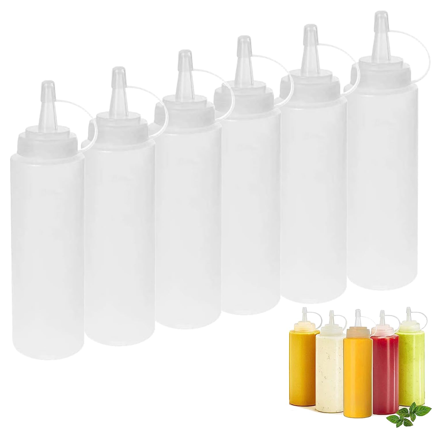 DERU Squeeze Bottles with Caps, 6 pcs 8 oz Squeezy Sauce Bottles, Plastic Squeeze Dispensers - BPA Free, Perfect for Kitchen Condiments, Ketchup Bottle, Mayonnaise, Mustard, Hot Sauce and Olive Oil