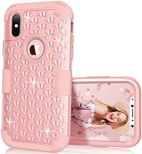 iPhone X Case, VPR iPhone X Bling Case [Hard PC+ Soft Silicone] Heavy Duty 3 in 1 Diamond Studded Hybrid Shockproof Case Full-Body Protective Defender Cover for Apple iPhone X (2017) (RoseGold)