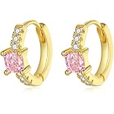 Square Cut Pink Moissanite Hoop Earrings, 14K Gold Huggies Earrings for Women, Fashion Gift for Her