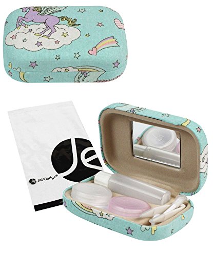JE Unicorn and Rainbow Pattern Blue Fabric Wrapped Contact Lens Case Travel Kit with Mirror, Tweezer, Solution Bottle