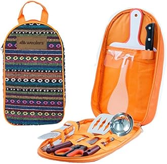 Camp Kitchen Utensil Organizer Travel Set - Portable 8 Piece BBQ Camping Cookware Utensils Travel Kit with Water Resistant Case|Cutting Board|Rice Paddle|Tongs|Scissors|Knife and Bottle Opener