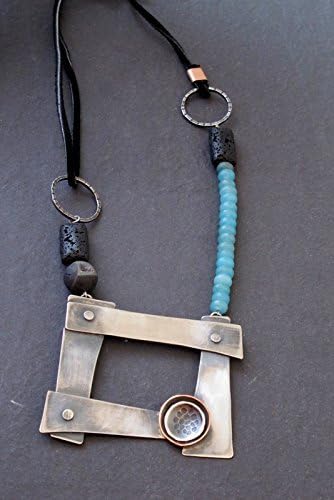OOAK Contemporary necklece made of oxidized sterling silver, lava beads, faceted jade, leather cord.