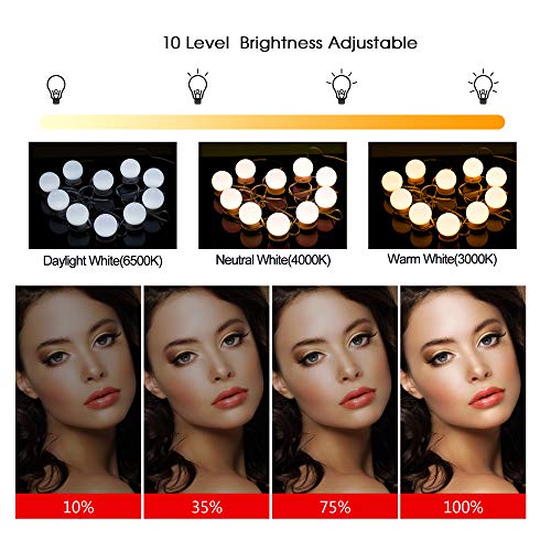 Luci da Specchio a LED in Stile Hollywood,Lampade da Toeletta Aourow con 10 Lampadine Dimmerabili,Lampada da Trucco a LED 3 Modalità Colore e 10 Luminosità per Specchio Cosmetico
