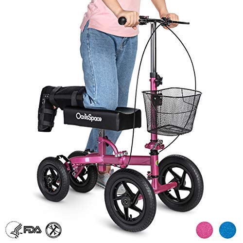 OasisSpace All Terrain Knee Scooter - with 12 Inches Air Filled Wheels, Steerable Knee Walker Heavy Duty Crutches for Foot Injuries Ankles Surgery (Blue) (Pink)