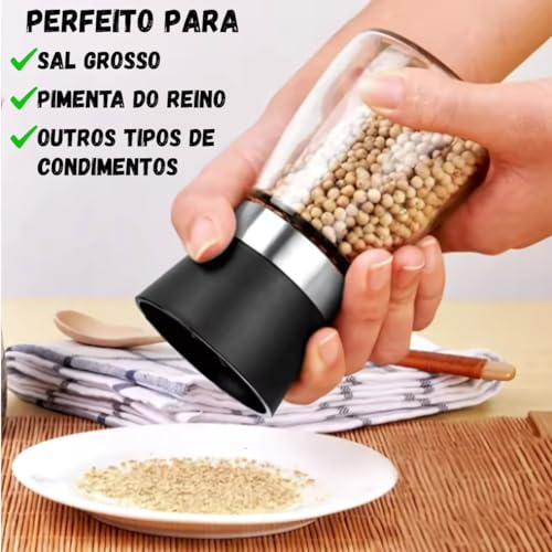 Kit 2 Moedor Triturador Giratório de Sal Pimenta Premium em Vidro Aço Inoxidável para Grãos Condimentos Secos Temperos Saleiro Pimenteiro de Mesa Ideal Cozinha Restaurante Hamburgueria