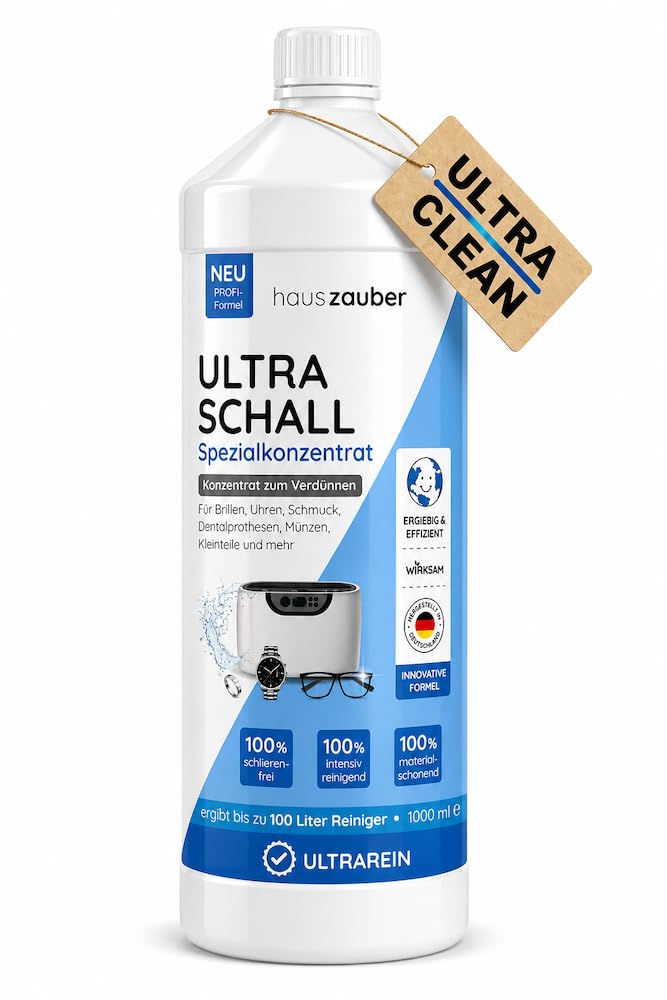 hauszauber - Ultraschallreiniger Konzentrat [EXTRA ERGIEBIG] 1000 ml - Reinigt Brillen, Schmuck, Zahnersatz, Münzen, Kleinteile etc. - Für Ultraschallgeräte & Ultraschallbad