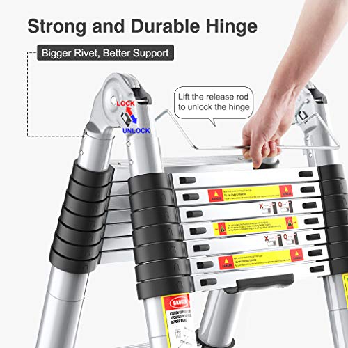Finether 16.4ft Aluminum Telescoping Extension Ladder Portable Multi-Purpose Folding A-Frame Ladder with Hinges, 330lb Load Capacity for Home Loft Office,EN131 Certified