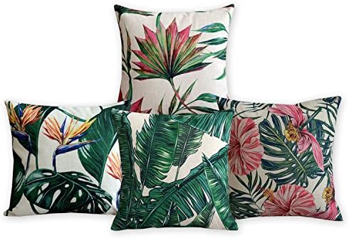 American Pillow Flamingoes and Palm Leaf Modern Art Cotton Linen Pillowcase Comfortable Cushions Decorative Pillows Home Decor Sofa Throw Pillow Case Set of 4 Cushion Cover