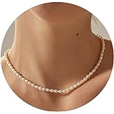 14K Gold Plated Freshwater Pearl Necklaces for Women Teens Dainty Small 4mm Adjustable Chain 16+2" Oval Rice Real Pearl Strand Necklace Pearl Accessories Jewelry Gifts