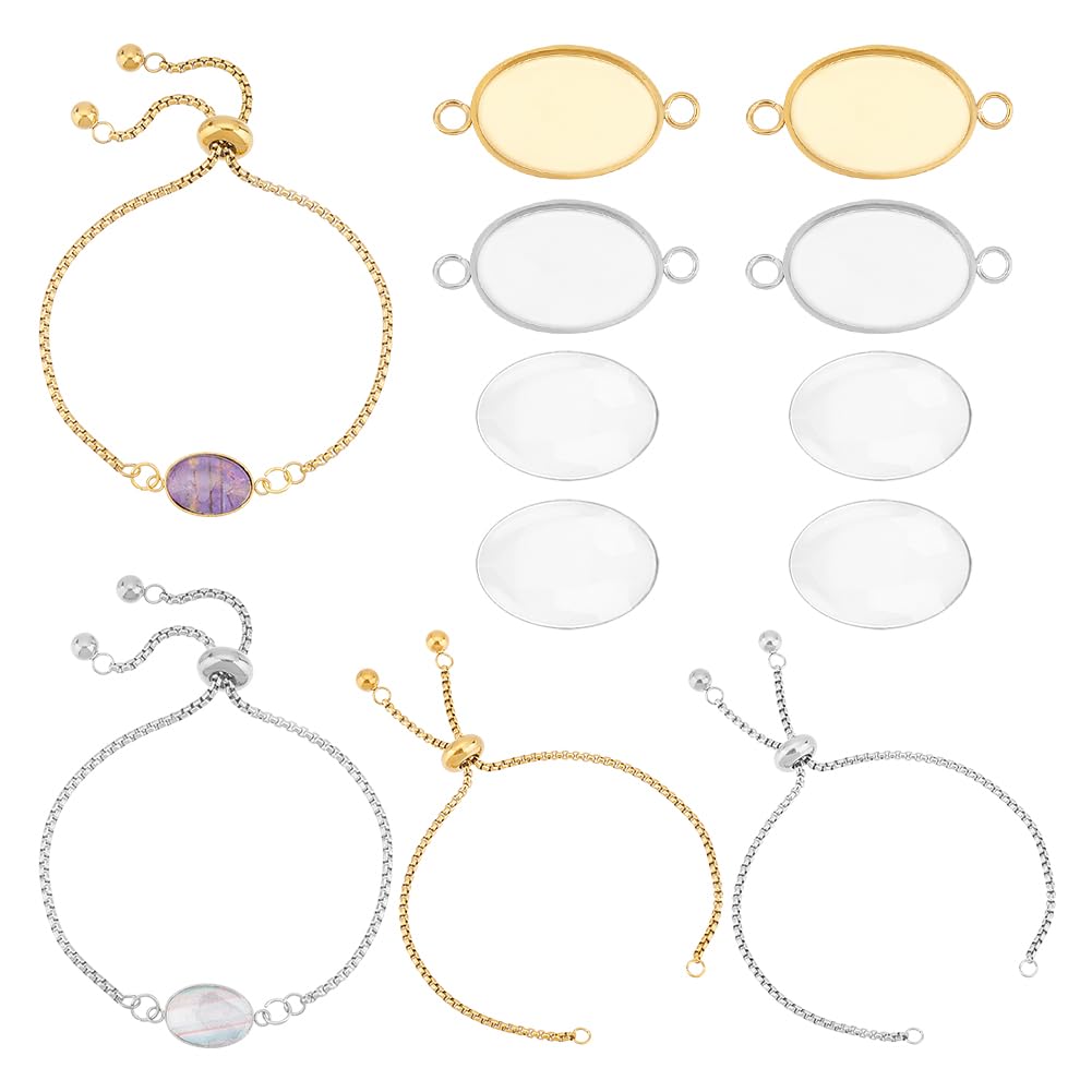UNICRAFTALE 8 Sets 2 Colors Stainless Steel DIY Blank Oval Link Bracelet Making Kit Adjustable Slider Bracelets Chain with Oval Cabochon Connector Bezel for Jewellery Making