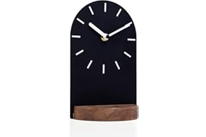 SOFFEE DESIGN One-Piece Table Clock Iron Sheet with Wooden Base Ins Style, Desktop Clock Non Ticking Battery Operated for Living Room Bedroom Home Decor, Black
