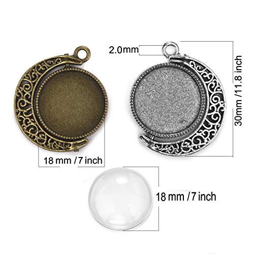 LANBEIDE 20PCS Moon Rotation Double Sided Round Bezel Blank 18mm Pendant Trays, with 40 Pieces Cabochons Settings Trays for Jewelry Making DIY Findings(Silver, Antique Bronze) - Thumbnail 2