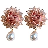 Crystal Rose Flower Pearl Drop Earrings for Women Pink Camellia Floral Stud Waterdrop Pearls Tassel Dangle Studs Earrings Bohemian Elegant Ear Jewelry