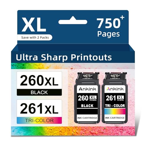 Ankink Compatible Ink Cartridge Replacement for Canon 260 261 260XL 261XL PG-260 CL-261 XL Cartridges for Cannon TR7020 TR7020a TR7022 TS6420 TS6400 TS5300 TS5320 TS6420a (Black and Tricolor,2-Pack)