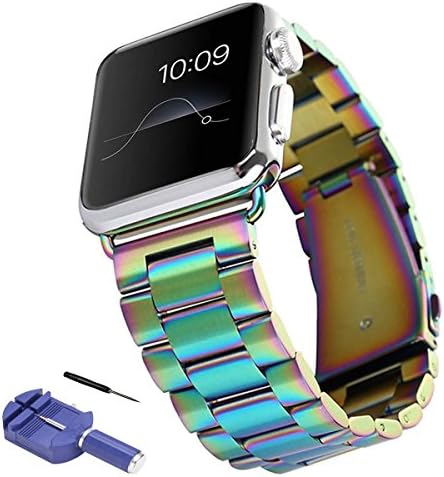 Sundo Solid Stainless Steel Metal Replacement iWatch Strap Unique Polishing Process Business with adapter Accessories for Apple Watch band Series 3/2/1 (colorful 38mm)