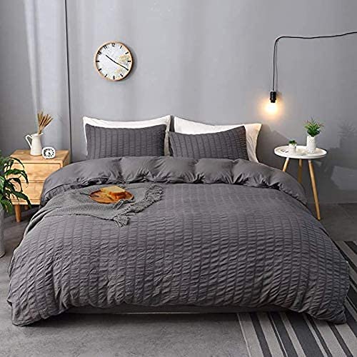 SeventhStitch Seersucker Duvet Cover with Pillow Cases White Bedding Bed Set 100% Cotton Waffle Quilt Covers Double King Super King Size (Charcoal, King)
