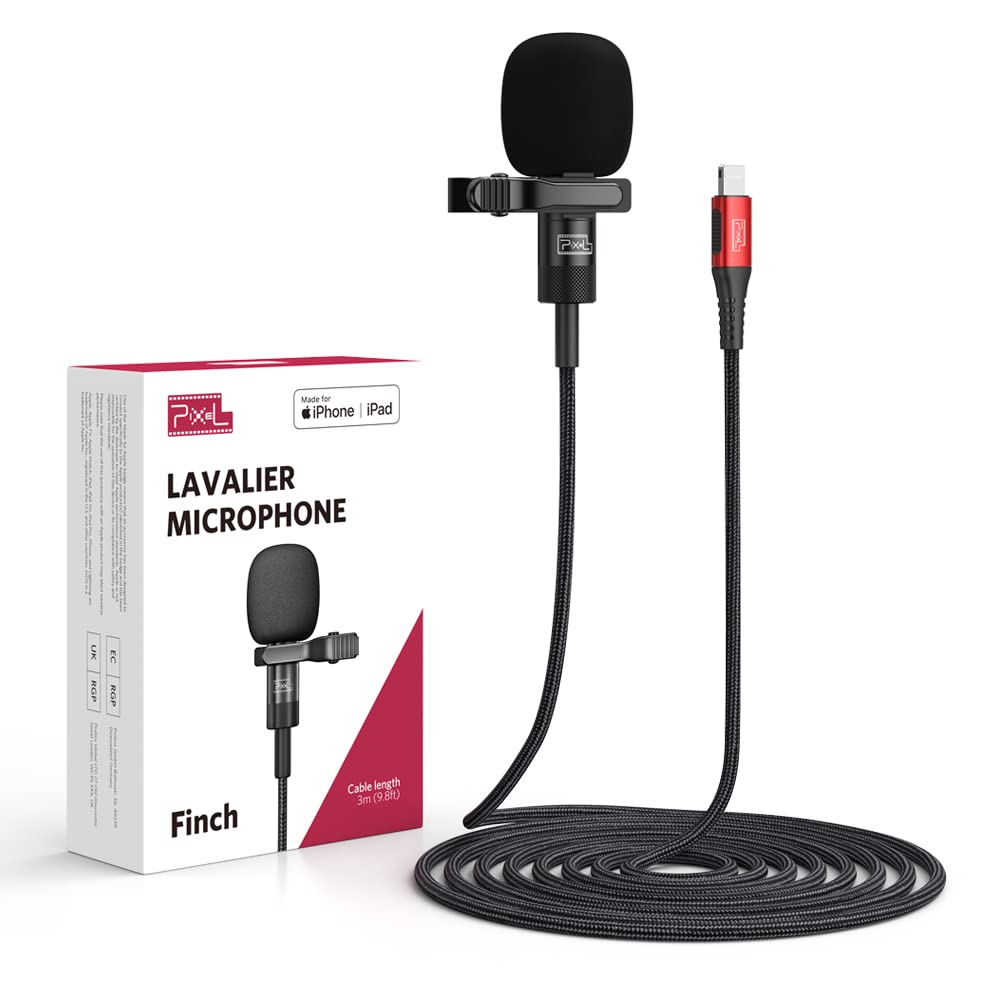 Pixel Lavalier Microphone for iPhone iPad, Lav Lapel Microphone for Smartphone, Clip-on Mic for Video Recording, Interview, YouTube, Vlog, Fit for Lightning Devices, Apple MFi-Certified (9.8ft/3m)