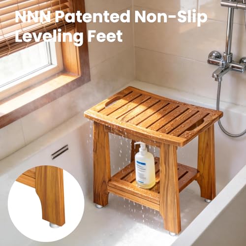 18" Standard Teak Shower Bench with Shelf & Handle - Waterproof, Non-Slip Bath Stool, 300 lbs Capacity - Fits Standard Tubs/Showers & Outdoor Use (Patented)