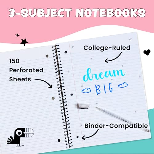 Yoobi College Ruled Spiral Notebook Set — Bulk 3Pack of 3 Subject