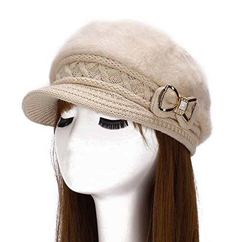 Surblue Lady Crystal Bow Warm Cabled Angora Knit Winter Beanie Crochet Beret Hats Newsboy Caps