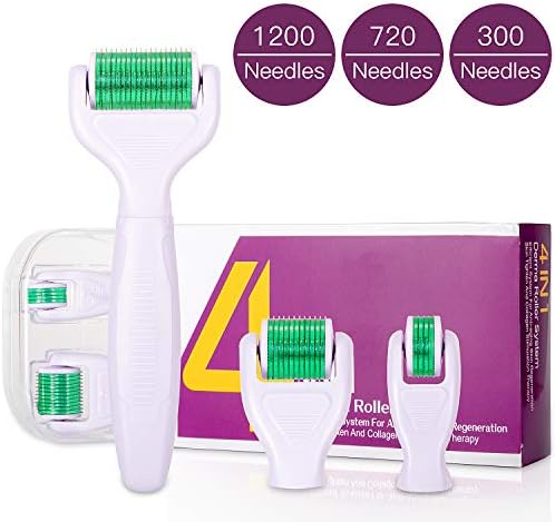 4 in 1 Derma Roller Microneedling Kit for Face and Body - Carewin Micro Needle Exfoliating Roller-3 Replaceable Heads 0.5mm+1.0mm+1.5mm and Built-in Disinfection Basin Storage Case (Green)