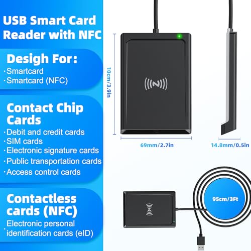 USB smart card reader with NFC, USB smart card reader, DOD military card reader for ID card, bank cards, compatible with Windows, Linux, PC laptop, 95 cm cable