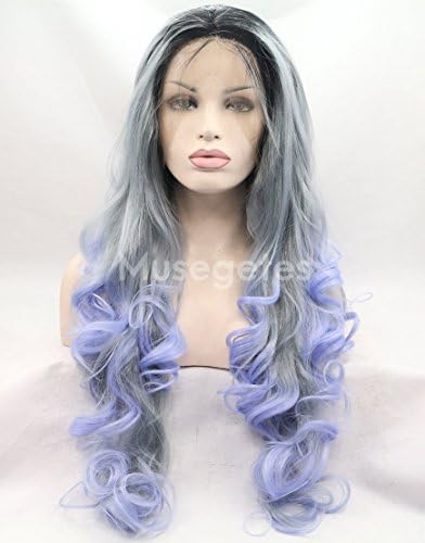 Musegetes New Arrival Ombre Silver to Blue Body Wave Handtied Synthetic Lace front wig for Women
