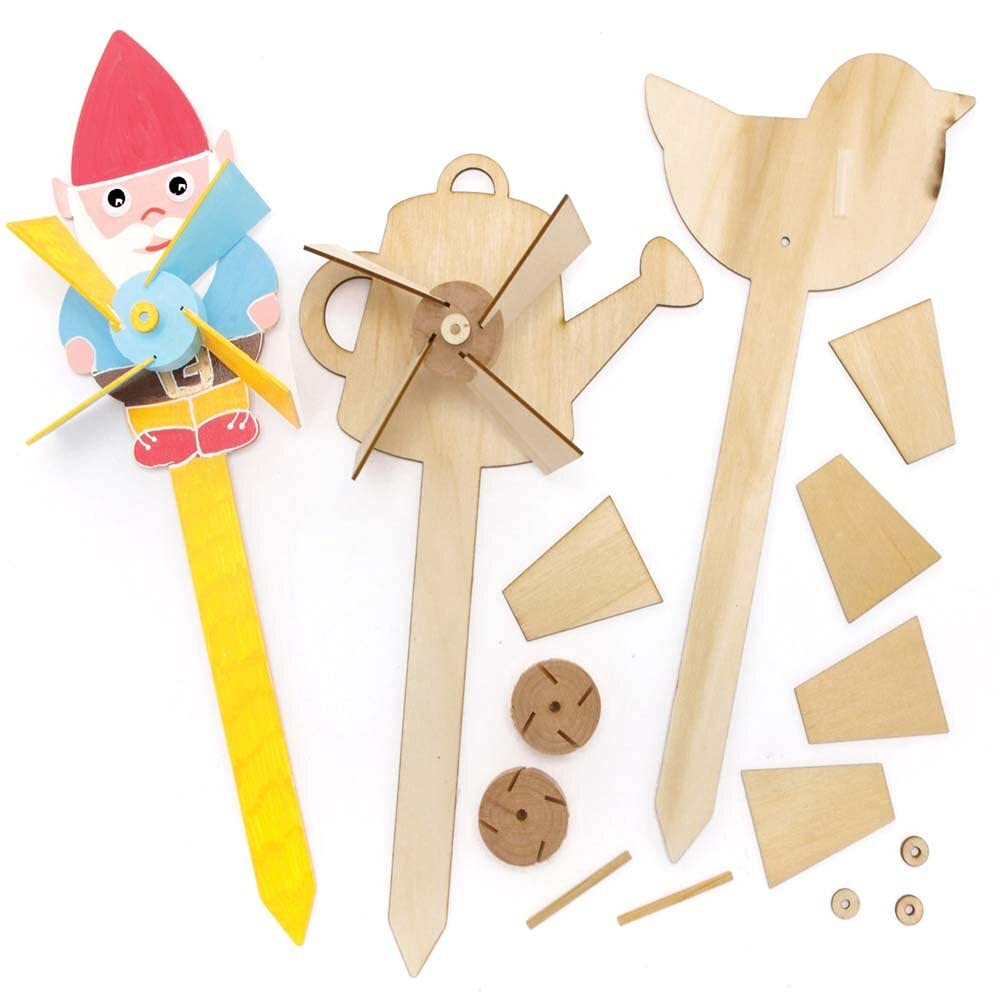 Baker Ross FE516 In The Garden Wooden Windmill Kits - Pack of 4, For Kids Arts and Crafts Projects, Wooden Crafts for Children to Decorate, Personalise and Display