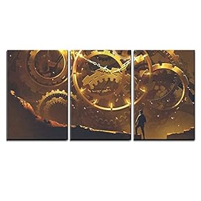 3 Piece Canvas Wall Art - Illustration - Man Standing in Front of The Big Golden Clockwork,Illustration Painting - Modern Home Art Stretched and Framed Ready to Hang - 16"x24"x3 Panels