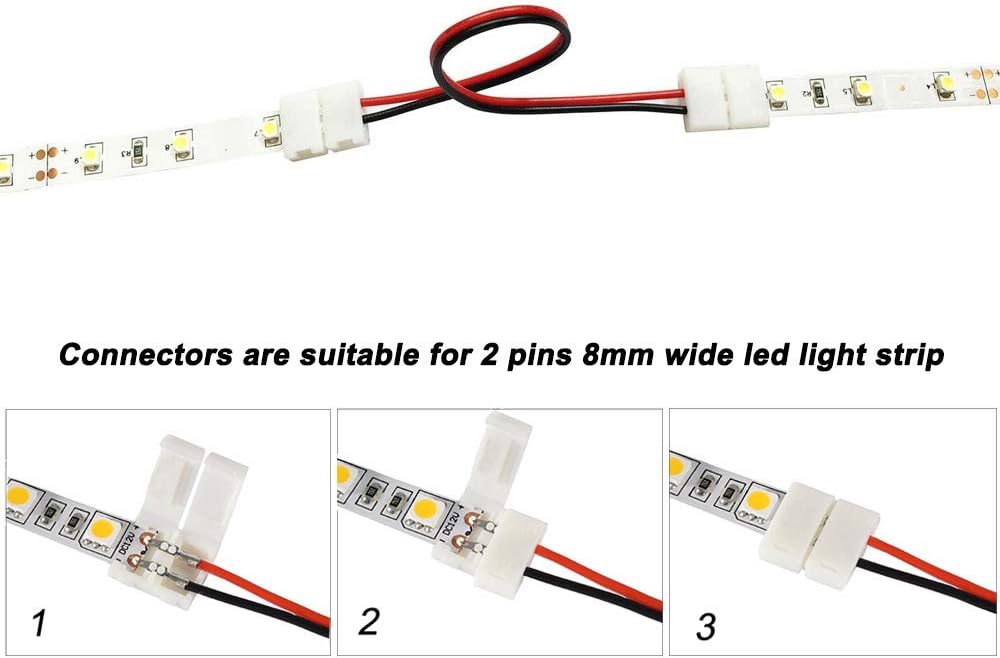 QitinDasen 15Pcs Professional 2 Pins LED Strip Light Connector, Non-Waterproof Snap Down, 8mm Solderless Jumper for Single Color Lights - Image 5
