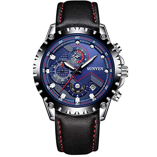 SUNVEN Man\'s Blue Watch Waterproof Sports Quartz Water Resistant 30M with Black Leather Strap Chronograph and Calendar Military Outdoor Style Fashion Watches for Men
