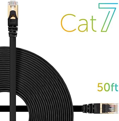Esorbiel Cat7 Ethernet Cable 50 Ft Black - Flat patch - Shielded STP - High Speed 10GB - Snagless RJ45 Connectors