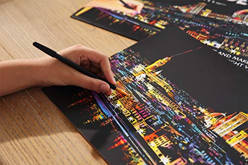 Scratch & Sketch Art Paper for Adults & Kids, Scratch Paper Rainbow Painting Sketch Pads DIY Art Craft Night View Scratchboard with Clean Brush,Scratch Coloring Pen,16 X 11.2 Inches (Florence)