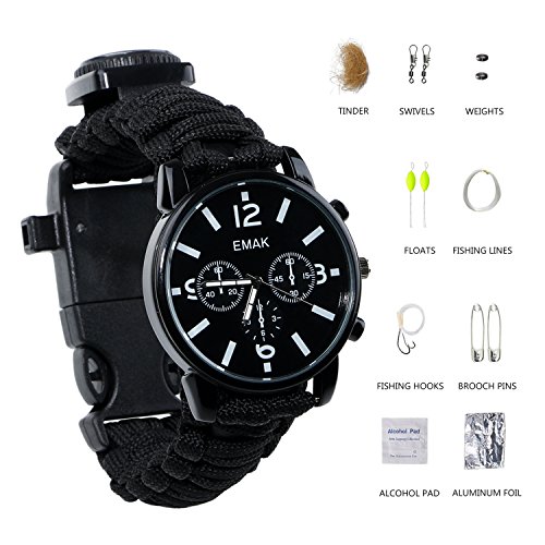 Paracord Survival Watch/ Bracelet Emergency Kit, Men & Women Outdoor Survival Wristband with Flint Fire Starter Compass Whistle Scraper and Fishing Gear, 16 in 1 Multifunctional Survival Kit (Black)