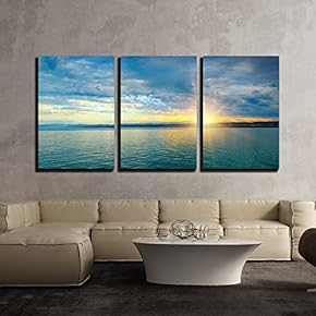 3 Piece Canvas Wall Art - Dawn Above Sea and Blue Sky - Modern Home Art Stretched and Framed Ready to Hang - 16"x24"x3 Panels