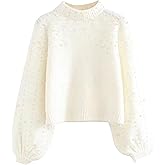 Sexyshine Women's Pearl Beading Mock Neck Sweater Elegant Long Sleeve Chunky Knitted Pullover Oversized Jumper Top