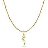 14K Yellow Gold Twisted Cornicello Italian Fortune Horn Charm Pendant with 1.1mm Wheat Chain Necklace