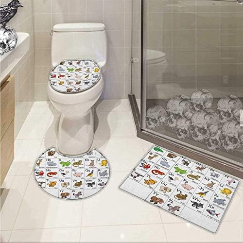 Educational Printed Bath Rug Set Alphabet Learning Chart with Cartoon Animals Names Letters Upper and Lowercase 3 Piece Toilet Cover Set Multicolor