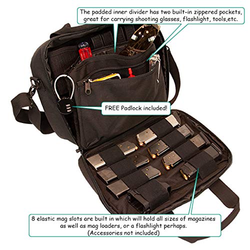 Pistol Case Range Bag for Handguns by FirstChoice Gear - 2 to 4 Gun Padded Tactical Handgun Shooting Soft Case, Lockable Zippers w/Padlock, 3 Mini-Holsters, 8 Mag Slots, 4 Pockets, Range Mat (Black)