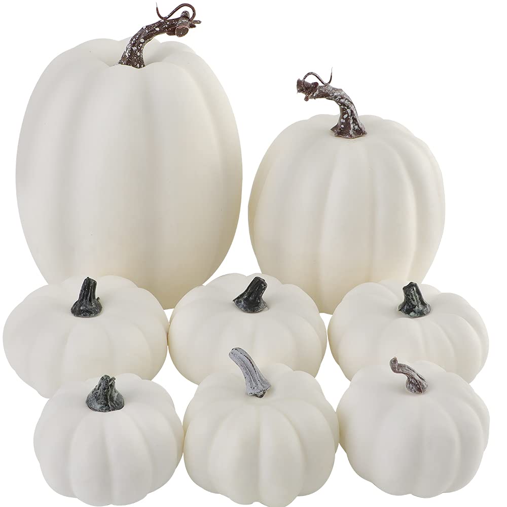Ywlake Package of 8 Pcs Big Assorted Sizes Autumn Harvest White Artificial Pumpkins for Fall Halloween Thanksgiving Decorating Embellishing and Displaying