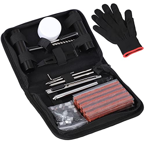 SHYOSUCCE 62 Pezzi Kit per Riparazione Pneumatici con Manometro e Guanti, Kit Riparazione Gomme per Auto, Biciclette, Motocicli, Trattori, Camion