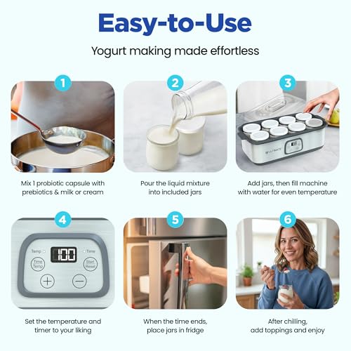Ultimate Probiotic Yogurt Maker for Easy-to-Make Live Probiotics at Home with Adjustable Time & Temp Control, Best Kitchen Gift for Men & Women's Gut Health, UNLIMITED LIFETIME WARRANTY (8-Jar Model)
