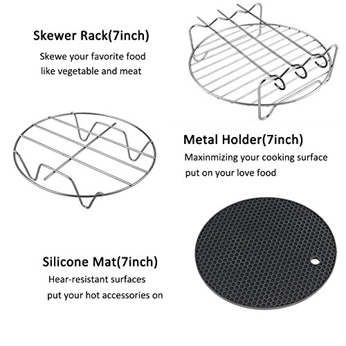 5 Piece Air Fryer Accessories for Gowise Phillips Cozyna Air Fryer, Including Cake Barrel, Pizza Pan, Metal Holder, Skewer Rack and Silicone Mat, Fit All 3.7QT 5.3QT 5.8QT with 7 Inch Diameter