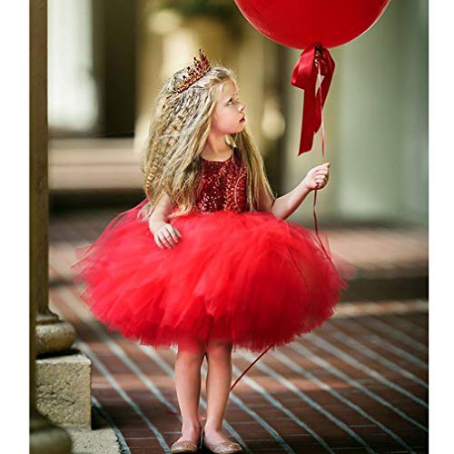 Toddler Girl Baby Lace Flower Sequin Tutu Dress Tulle Pageant Wedding Party Formal Girls Dresses red02 12-18M - Thumbnail 4