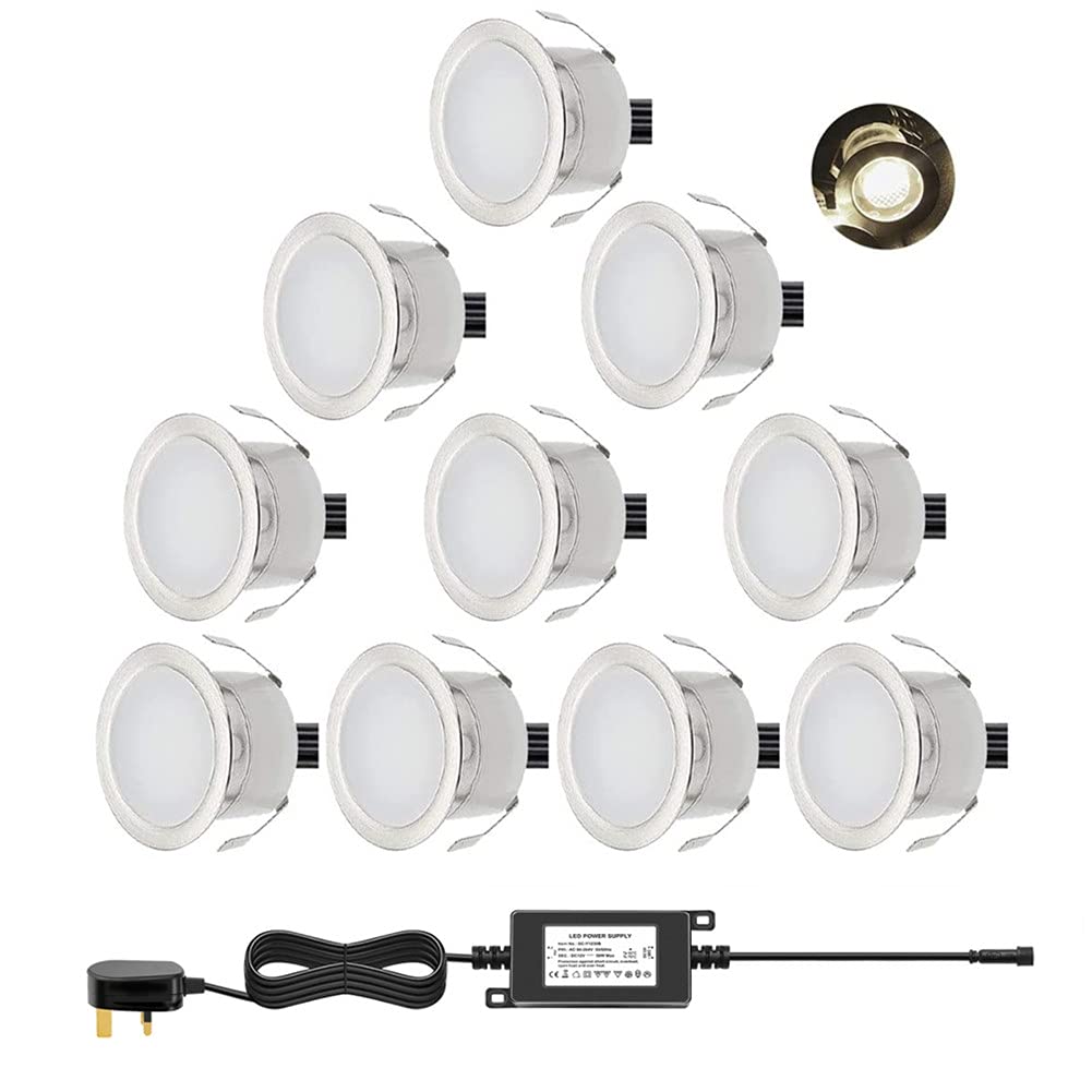 CHNXU Low Voltage Outdoor LED Decking Lights 30mm Recessed Garden Waterproof IP67 Deck Lighting Kits for Kitchen Plinths Bathroom, Patio, Yard (10 Pack, Warm White)