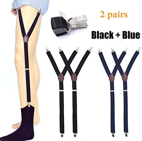Men Y-Style Shirt Stays Stirrup Adjustable Elastic Garters Strap Non-slip Clamps (Black+Blue)