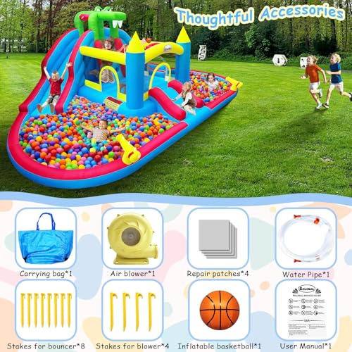 Rolonal Inflatable Bounce House with Water Slides, Double Ball Pit/Water Pool, Crocodile Styling, Climbing Wall, Outdoor Kids Bouncy Castle with Air Blower