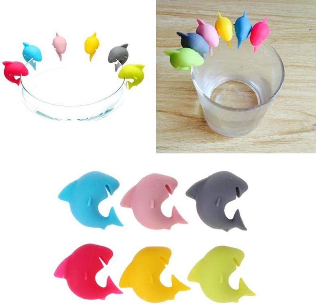 scgtpapadc 6Pcs Silicone Cute Shark Cocktail Party Wine Glass Cup Drinks Marker Label Tags - Random Color